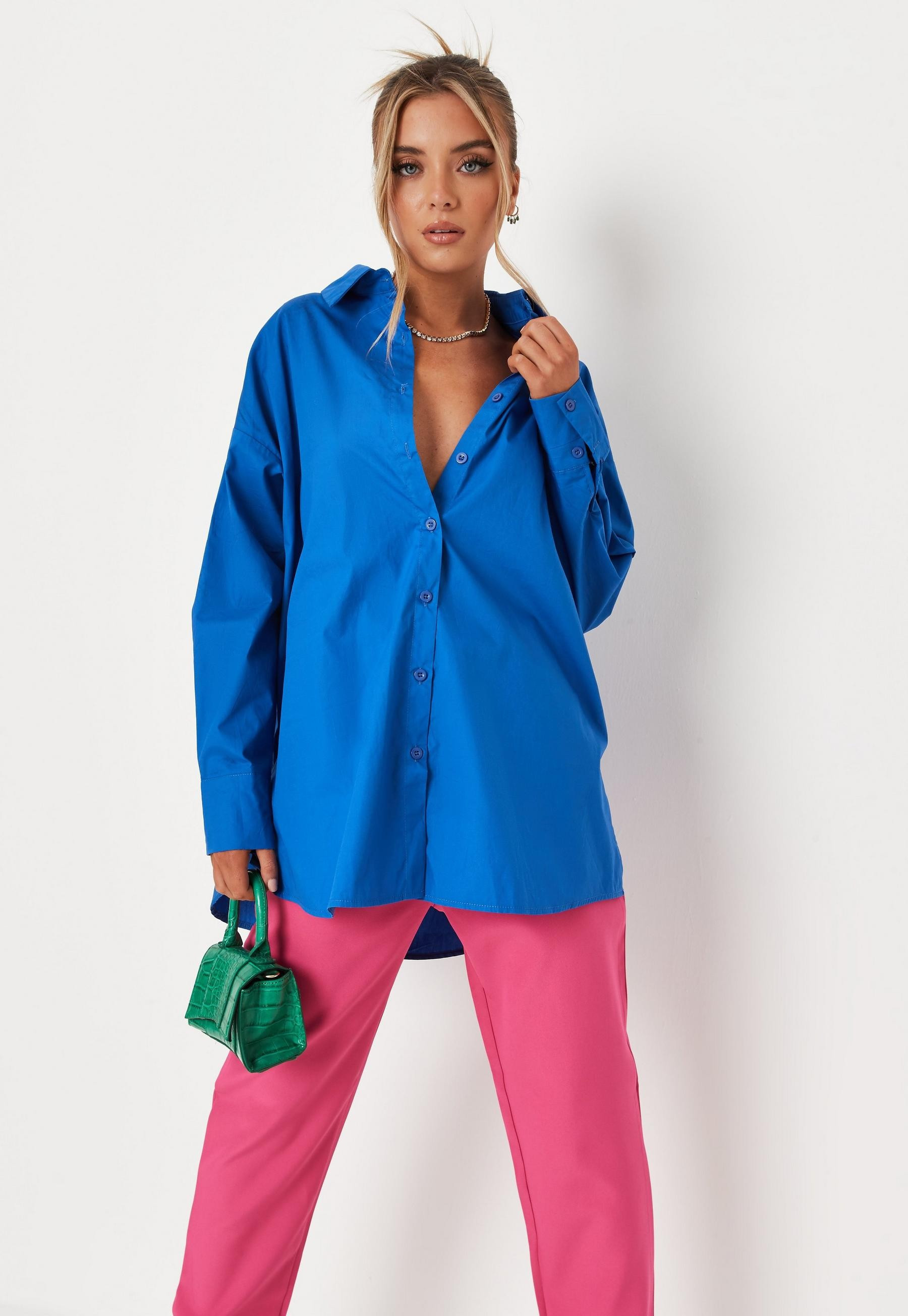 Missguided - Blue Extreme Oversized Poplin Shirt | Missguided (US & CA)