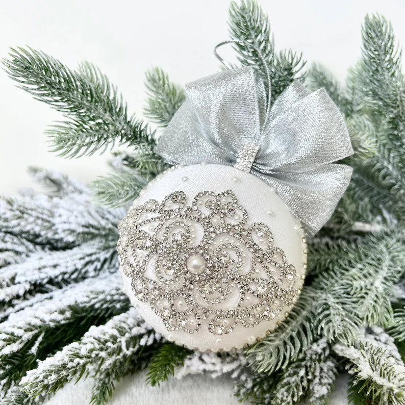 Large 4 Inch White Velvet Pearl Rhinestone Ornamentvelvet - Etsy | Etsy (US)