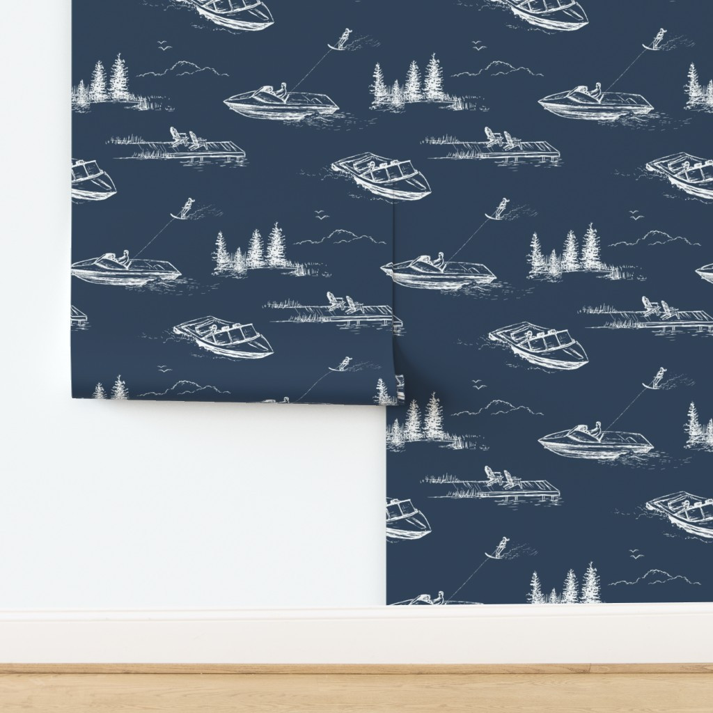 Lake House Wallpaper of Water Skiers on Boat in Navy Blue Wallpaper | Spoonflower | Spoonflower