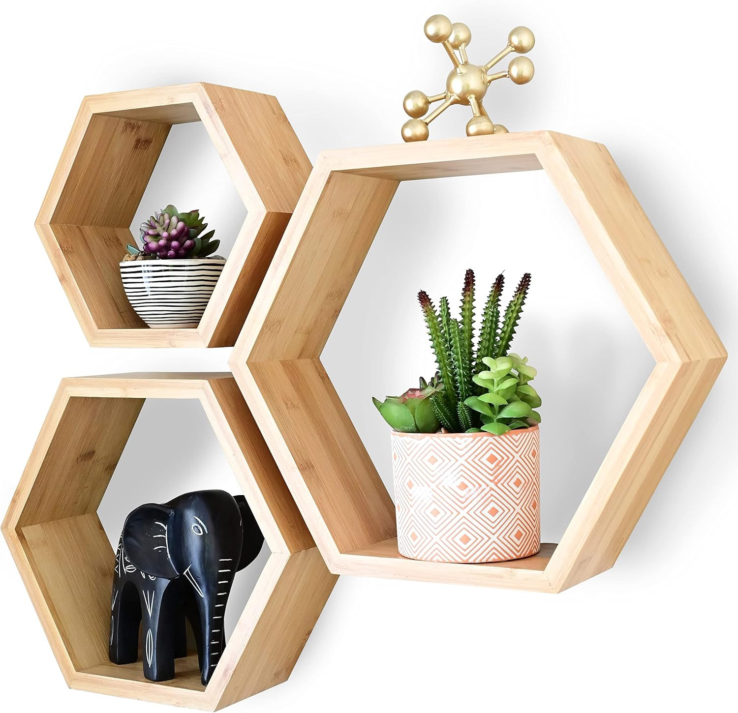 Bamboo Hexagon Floating Shelves For Wall Decor - Set Of 3 - Eco-friendly Honeycomb Shelves For Wa... | Amazon (US)