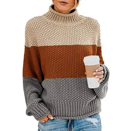 PrettyGuide Womens Sweater Oversized Chunky Knit Jumper Batwing Sleeve Turtleneck Sweater L Beige/Brown/Grey | Walmart (US)
