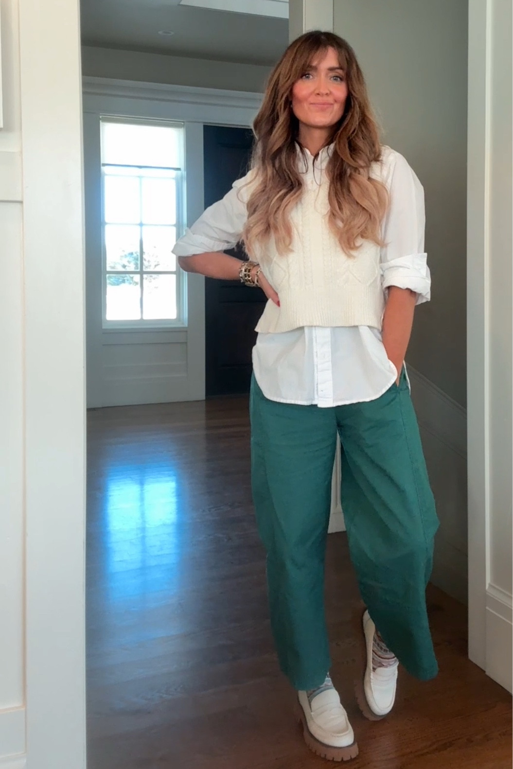 Save this one for the next time you feel stuck getting dressed. 

I took my regular size in both the button-down and vest. 
Pants- I recommend sizing down one full size. 
Loafers - I recommend going down one half to one whole size  


(Pants are sold out in this color, but any of the Izzie Relaxed Barrel pants fit similarly and are fantastic, comfortable, interesting bottoms!)

💁🏻‍♀️📝 BIG SISTER STYLE TOOL (NOT RULE): 

• Layer a white shirt and cream sweater, then switch out your typical jeans for pants in a fun silhouette or color!  Throw in a fun sock and shoe and you’ve got a low effort, high impact outfit!

• Wear this to a lunch date, doctor appointment, or church activity. You’ll feel comfy and confident with minimal effort. 

If quick ideas like this one are helpful, leave a 🙌🏼🙌🏾 in the comments.

I’m cheering for you!
Xo, Jules 

White button down, white button up, sweater vest, cold weather outfit, style tip, what to wear, outfit formula, fit check, outfit idea

#LTKStyleTip #LTKOver40