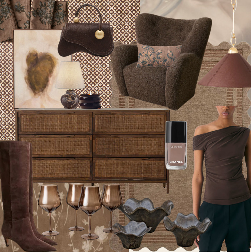 This month’s edit brings mocha tones into focus with a mix of vintage warmth and sculptural modernity. A rattan-front dresser and textured club chair set the foundation, paired with layered rugs and patterned wallpaper that feel like heirloom pieces. The palette is echoed in suede boots, sculptural glassware, and a cocoa-toned pendant light—each one grounded, tactile, and full of quiet richness. Fashion plays a supporting role through a one-shoulder top, a curved handbag with golden hardware, and a mushroomy Chanel polish that subtly ties it all together. From the abstract portrait to the fluted-edge ceramic bowls, every piece in this round-up brings a softness to the boldness—proof that brown is anything but boring. 

 #LTKHome #LTKFindsUnder50 #LTKItBag