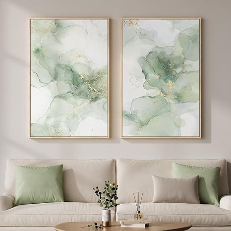 Framed Sage Green Abstract Wall Art Set of 2 for Living Room, Large Modern Neutral Gold White Can... | Amazon (US)