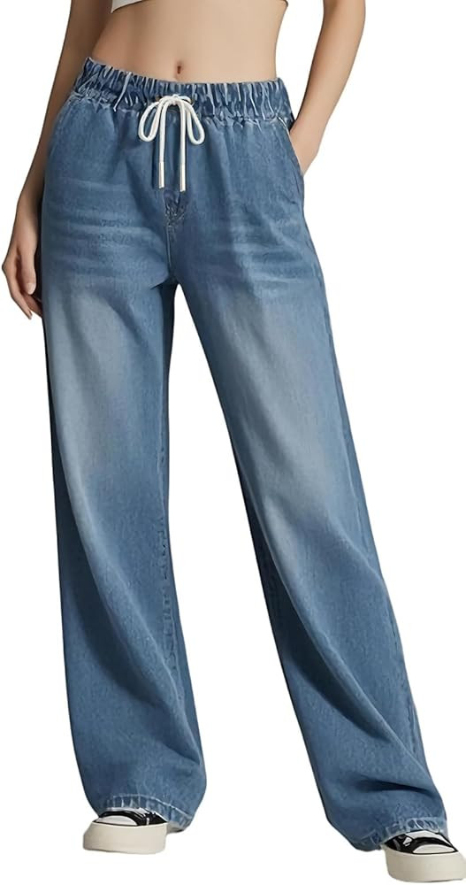 Women's Drawstring Wide Leg Jeans High Elastic Waisted Stretch Frayed Loose Fit Trouser Jeans Den... | Amazon (US)