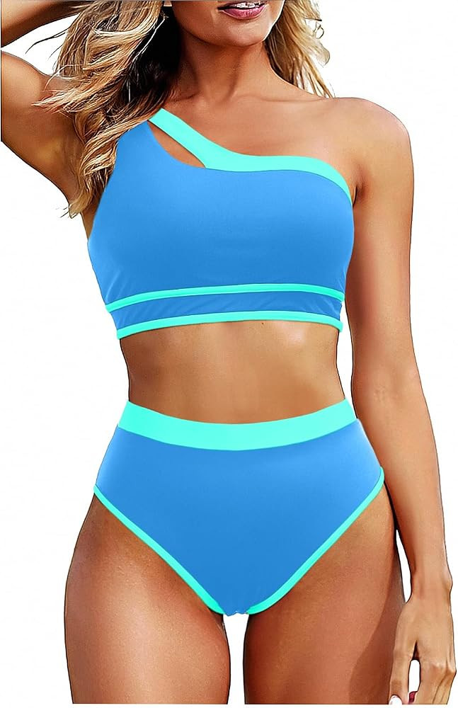 Tempt Me Women One Shoulder High Waisted Bikini Color Block Two Piece Swimsuits Cutout 2 Piece Ba... | Amazon (US)