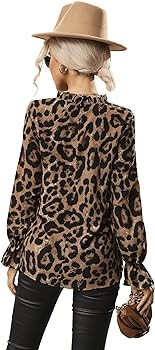 Floerns Women's Leopard Print Long Sleeve Frill Trim Mock Neck Blouse Tops Brown Multi M at Amazo... | Amazon (US)