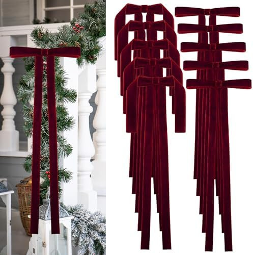10PCS Long Burgundy Velvet Christmas Bows,Large Bow Ornaments for Christmas Tree Wreath Door Garl... | Amazon (US)