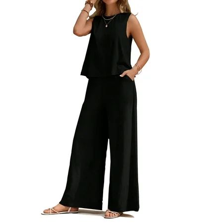 MOSHU Two Piece Lounge Sets for Women Loose Fit Tank Tops and Wide Leg Pants with Pockets Solid S... | Walmart (US)