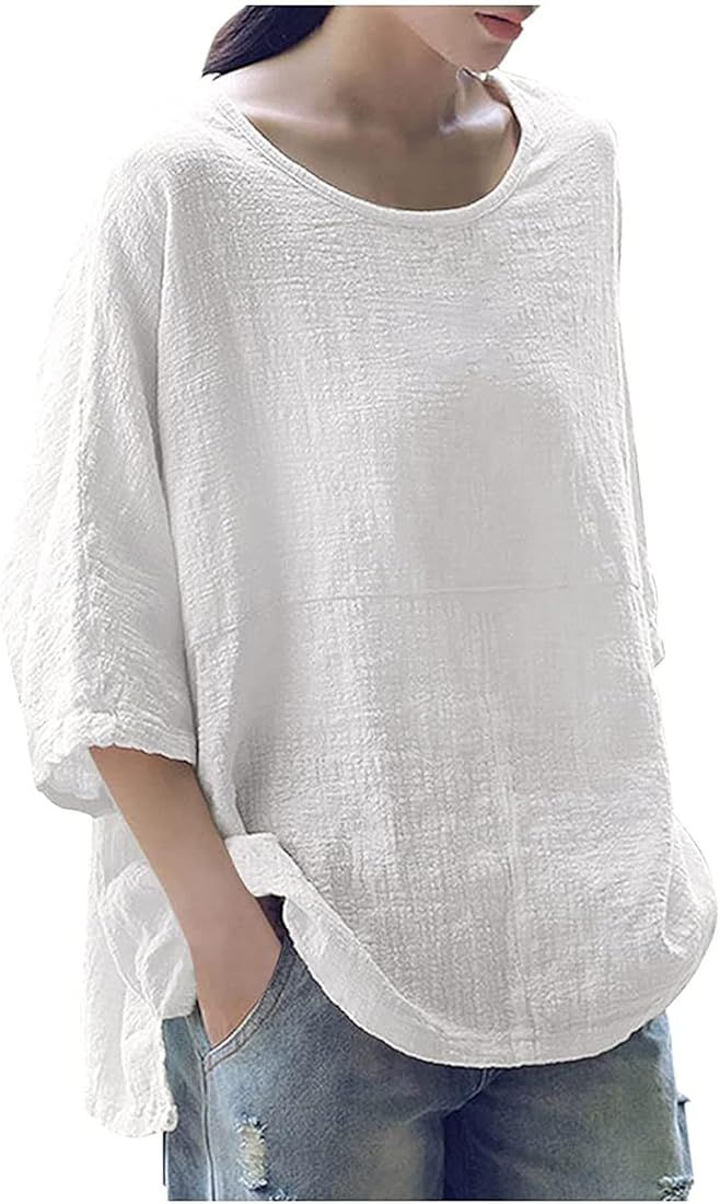 Casual Cotton and Linen 3/4 Sleeve Summer Tops for Women Loose Three Quarter Sleeve Tunic T Shirt... | Amazon (US)