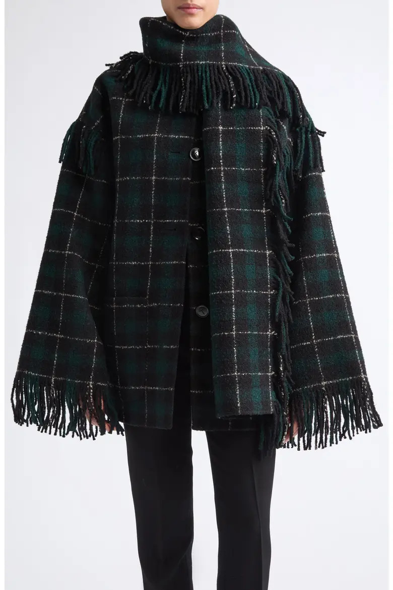 TOTEME Fringed Wool Blend Scarf Jacket in Pine/black at Nordstrom, Size 32 | Nordstrom