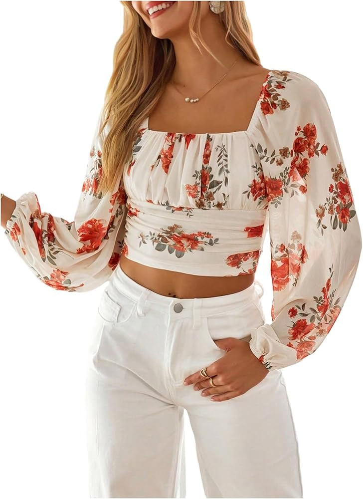 SweatyRocks Women's Floral Crop Blouse Boho Long Sleeve Square Neck Ruched Blouses Fall Trendy To... | Amazon (US)