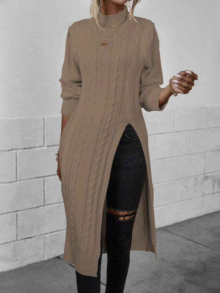 EMERY ROSE Mock Neck Split Hem Cable Knit Longline Sweater,Long Sleeve Tops Knit Pullover Fall Winter Outfit | SHEIN