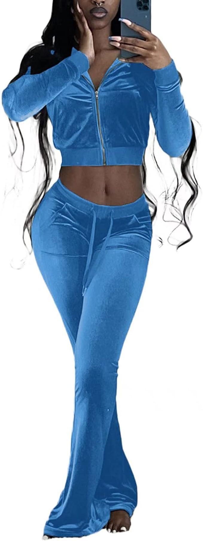 Sexy Velour Tracksuit Outfits Clubwear - Long Sleeve Zip Crop Tops Jackets and Flared Long Pant S... | Amazon (US)