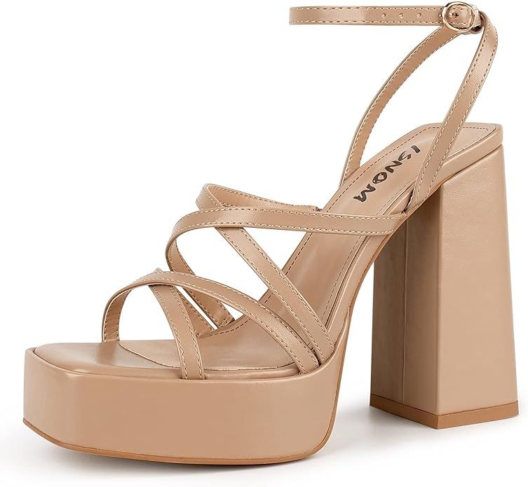 ISNOM Platform Chunky Heels for Women, Block Heel Sandals with Open Square Toe and Ankle Strap | Amazon (US)