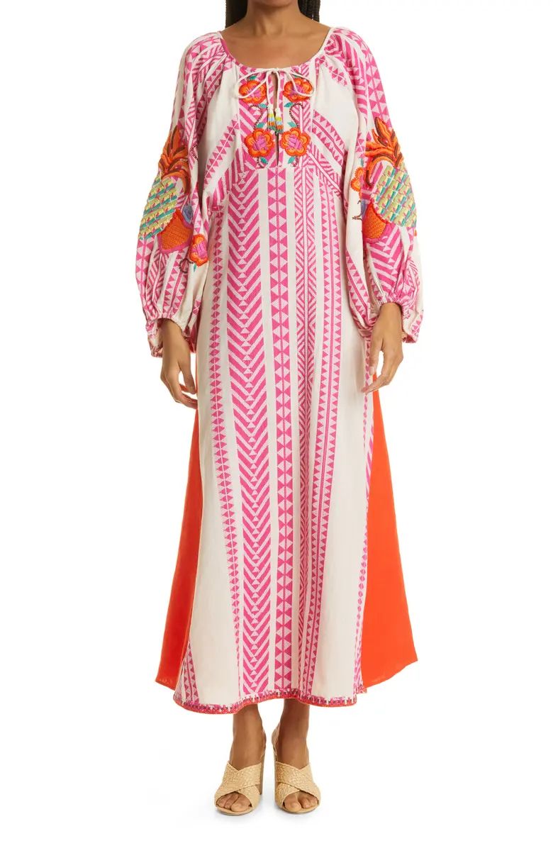 Jacquard Long Sleeve Cotton & Linen Blend Maxi Dress | Nordstrom