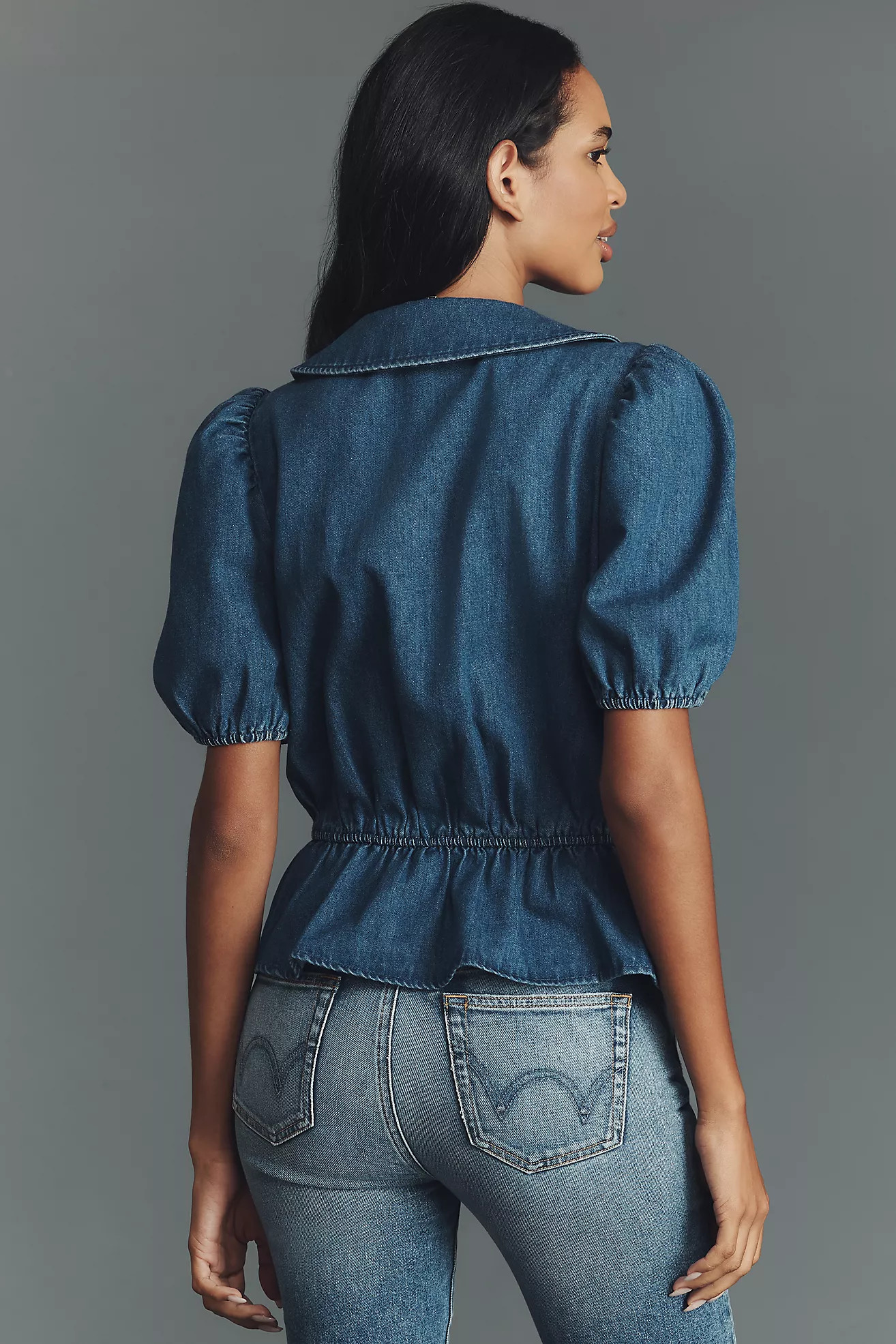 Mare Mare Puff-Sleeve Peplum Denim Top | Anthropologie (US)