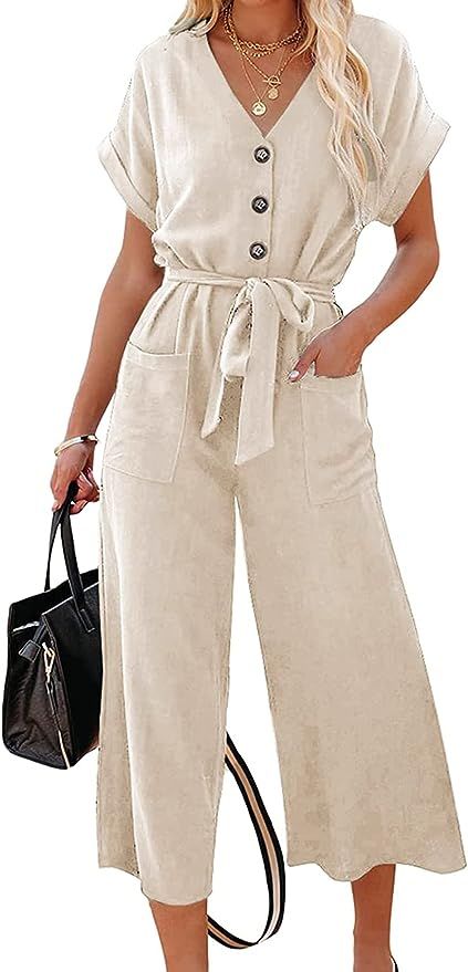 Acelitt Women Short Sleeve V Neck Button Belted Wide Leg Jumpsuits with Pockets, S-XXL | Amazon (US)