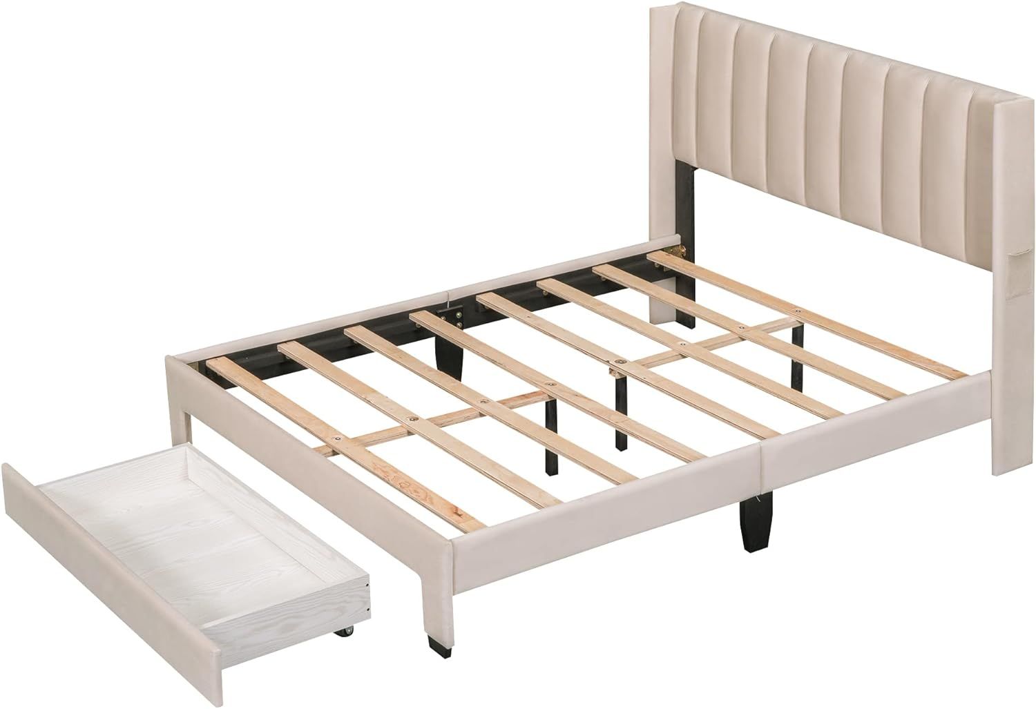 Full Size Bed Frame with A Storage Drawer, Velvet Upholstered Platform Bed with Wingback Vertical... | Amazon (US)