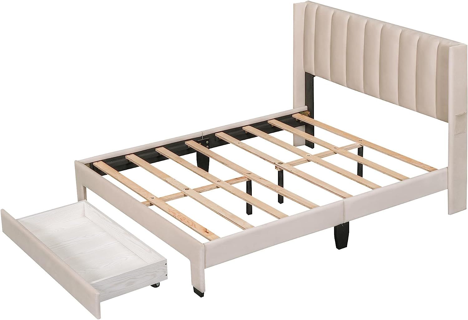 Full Size Bed Frame with A Storage Drawer, Velvet Upholstered Platform Bed with Wingback Vertical... | Amazon (US)
