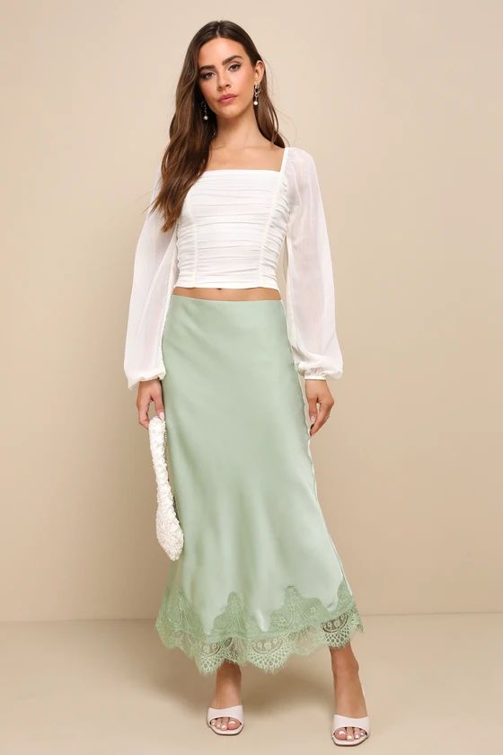 Blissful Nature Sage Green Satin Midi Skirt Outfit Green Maxi Skirt Outfit Long Skirt Outfit Skirts  | Lulus