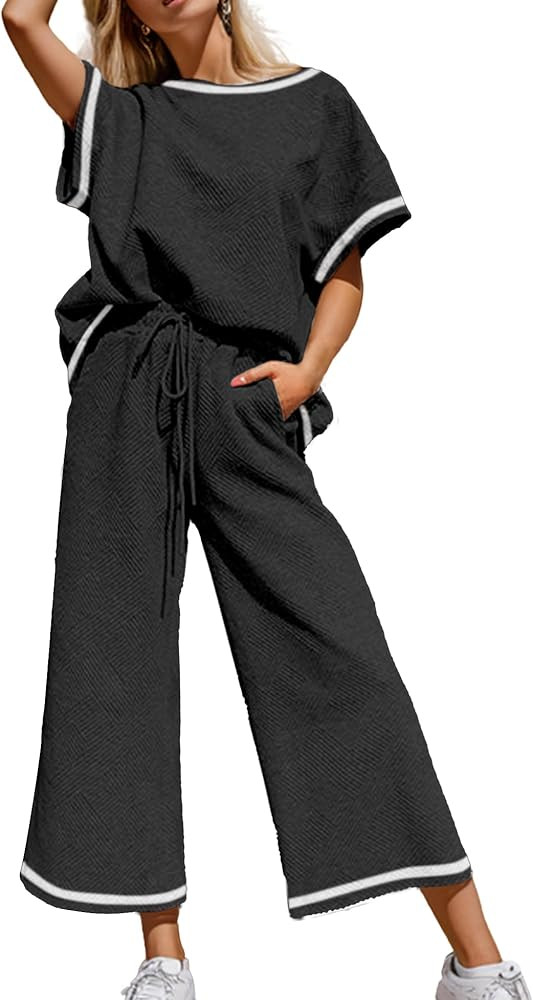 Women's 2 Piece Outfits Textured Sweatsuit 3/4 Batwing Sleeve Crew Neck Pullover Top Wide Leg Pan... | Amazon (US)