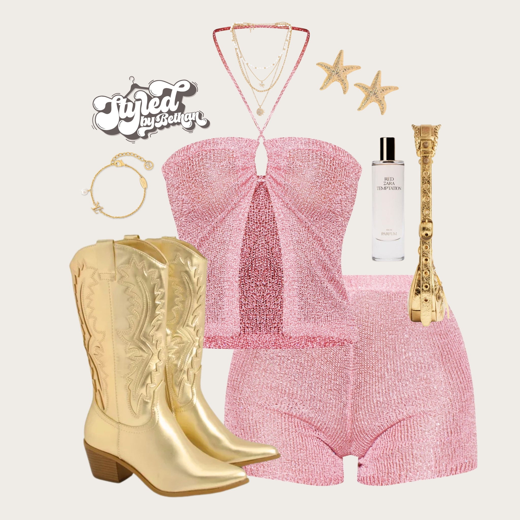 Glitterbox inspo 🕺✨ tags: pretty little thing pink glitter shorts co-ord, boohoo gold cowboy boots, public desire gold shoulder bag, shein gold starfish earrings, revolve gold layered necklace, Louis Vuitton gold charm bracelet. Festival Ibiza rave summer holiday vacation outfit inspiration Inspo

#LTKsummer #LTKstyletip #LTKpartywear