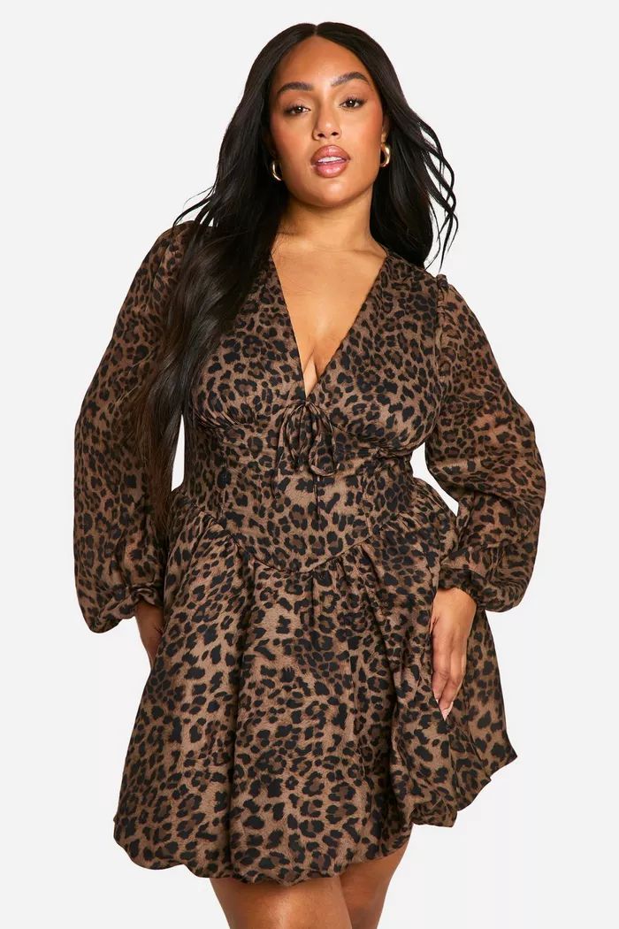 Plus Milkmaid Woven Leopard Bubble Hem Skater Dress | boohoo (US & Canada)