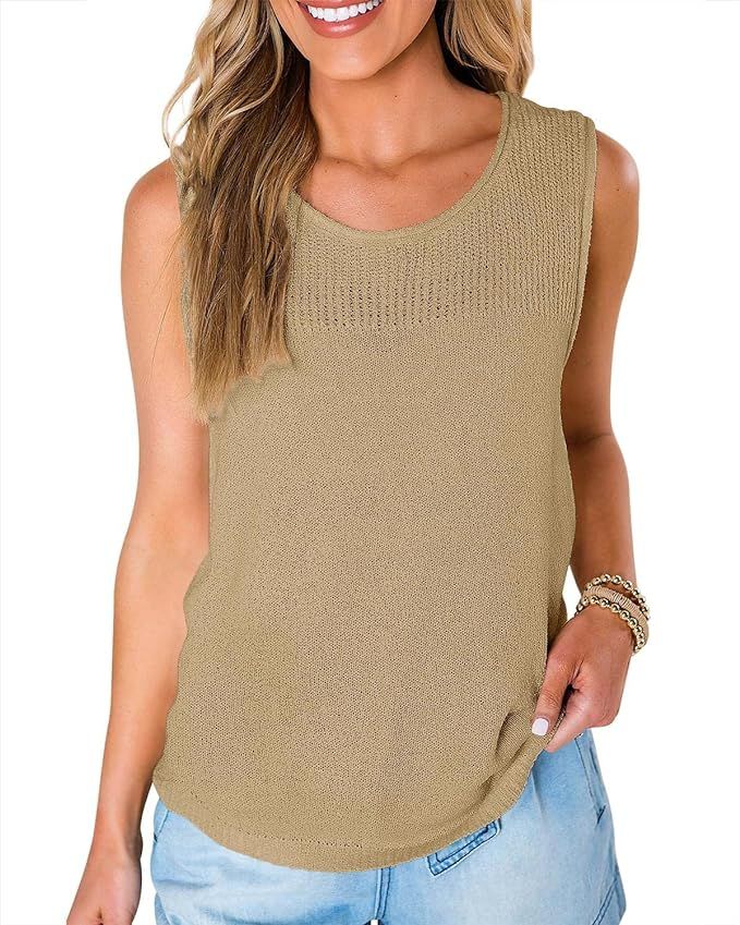 Imily Bela Womens Sleeveless Knit Tank Tops Summer Casual Hollow Out Crew Neck Sweater Shirts | Amazon (US)