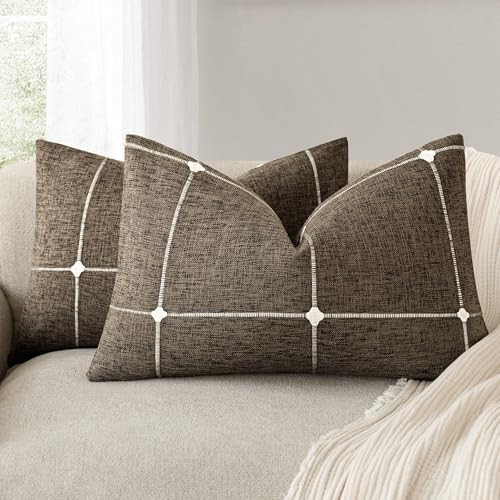 Foindtower Pack of 2 Decorative Faux Linen Jacquard Check Throw Pillow Covers Farmhouse Lumbar Cushion Cover with Grid Textured Accent Pillowcase for Couch Sofa Living Room Home Decor,12×20 Inch,Brown | Amazon (US)