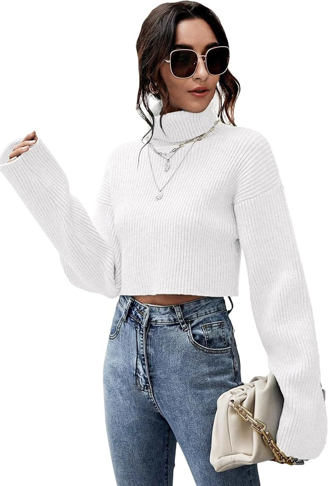 Floerns Women's Turtle Neck Long Sleeve Knitted Pullover Sweater Crop Tops | Amazon (US)