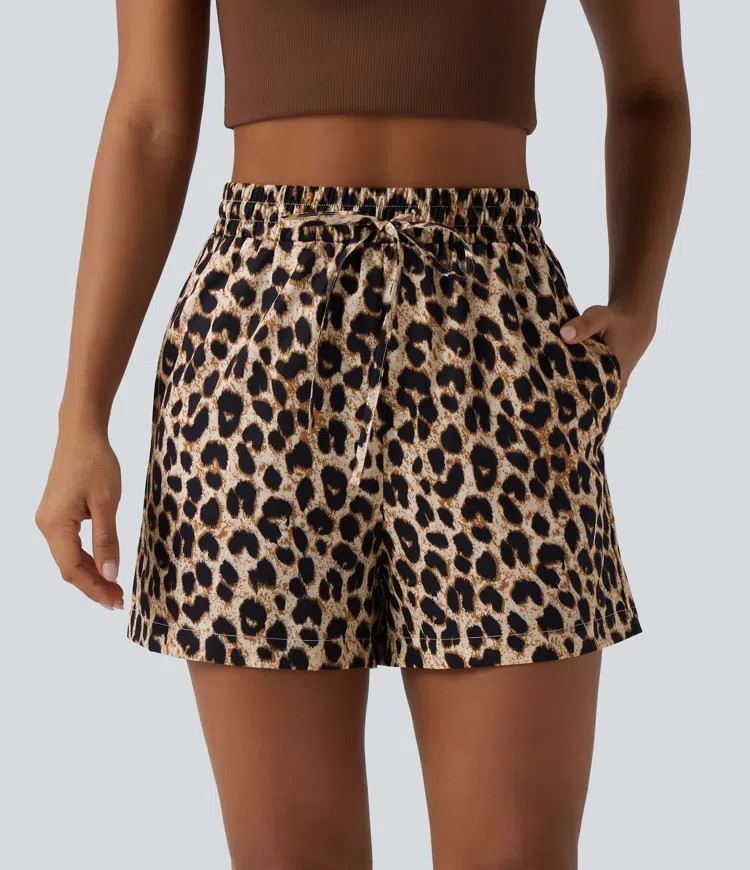 Women’s High Waisted Drawstring Leopard Print Casual Shorts with Pockets - Halara | HALARA