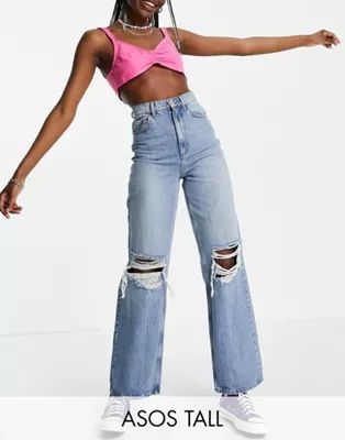 ASOS DESIGN Tall recycled cotton blend high rise 'relaxed' dad jeans brightwash with rips | ASOS (Global)