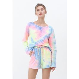 Multi Colored Tie-Dye Long Sleeves Top and Drawstring Shorts Set | Chicwish