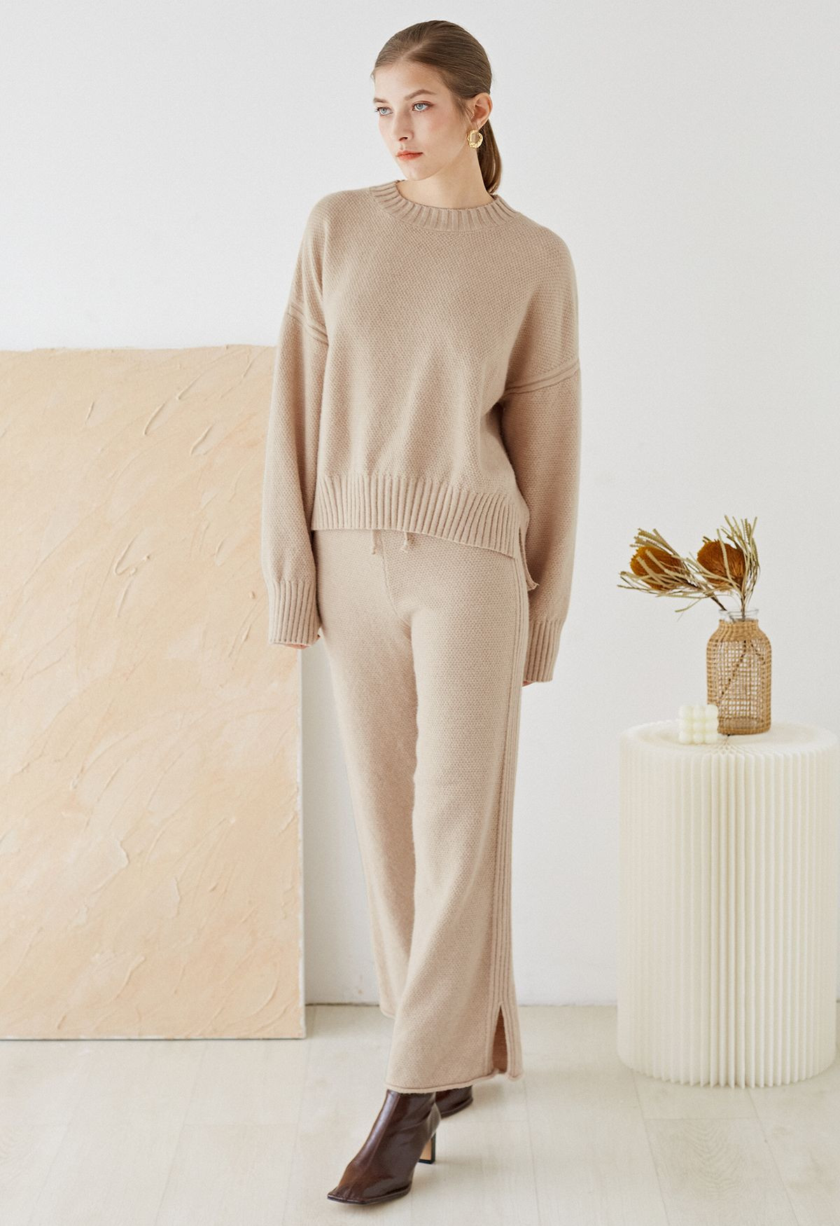 Waffle Knit Hi-Lo Sweater and Wide Leg Pants Set in Camel | Chicwish