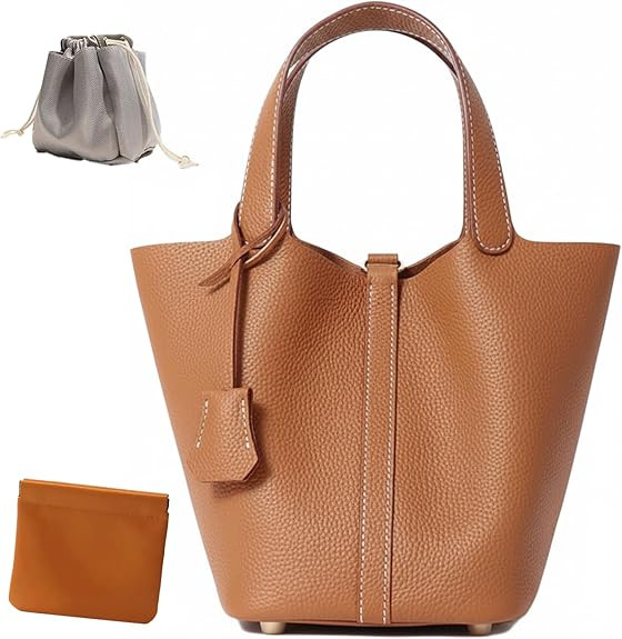 Genuine Leather Lock Design Bucket Bag Vegetable Basket, Fashionable and Versatile Satchel Handba... | Amazon (US)