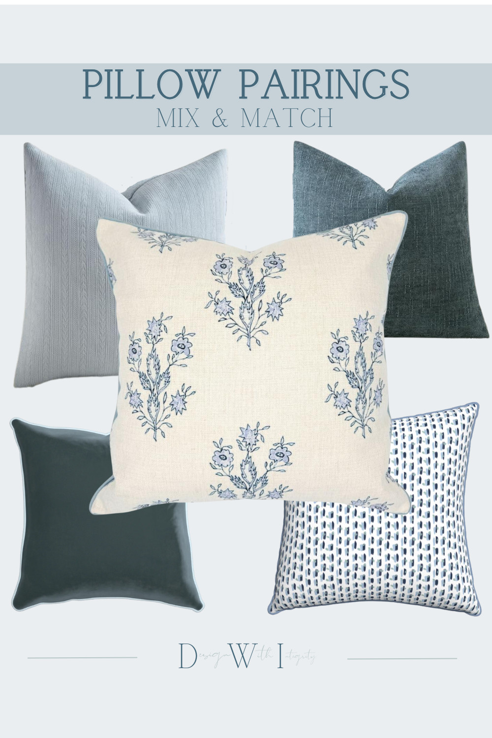 This pillow pairing is all about tonal balance and thoughtful contrast. Soft blues and deep, inky hues create depth, while the mix of textured solids and refined patterns keeps the look layered without feeling busy. The patterned centerpiece anchors the arrangement, allowing the surrounding solids to add structure and calm. The result is a cohesive, timeless composition that feels polished and intentionally styled.

Shop the full curated pillow pairing through the link to recreate this designer-approved mix in your space. 

 #LTKHome