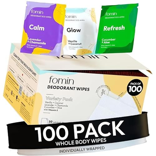 FOMIN Acidified Travel Deodorant Wipes For Women & Men - 100 Count - Variety Pack - pH Balanced, Mini Deodorant Travel Size Wipe - Plastic-Free, Individually Wrapped Underarm Body Wipes | Amazon (US)