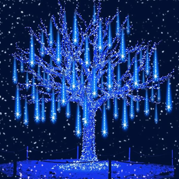 Meteor Shower Lights Outdoor Christmas Lights UL Certified Falling Rain Drop Lights Snowfall Icicle Cascading String Lights for Xmas Holiday Tree Garden Decor Blue, 12Inch 8Tubes | Amazon (US)