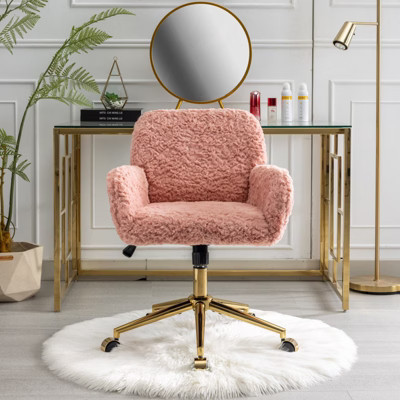 Adjustable Faux Fur Office Chair with Gold Base, Swivel Upholstered Desk Chair with Armrests, Pink | Target
