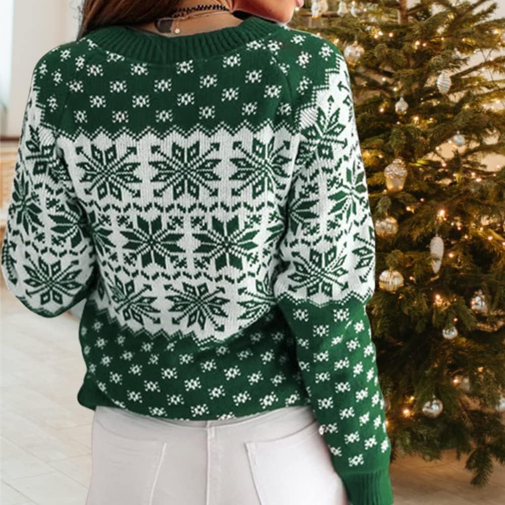 ZAFUL Women's Christmas Snowflake Reindeer Knitted Sweater Long Sleeve Crew Neck Heart Animal Pri... | Amazon (US)