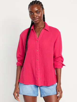 Crinkle Gauze Button-Down Boyfriend Shirt | Old Navy (US)
