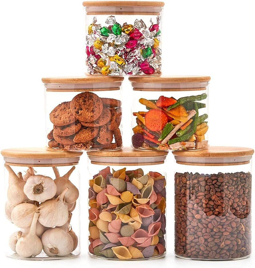 EZOWare Set of 6 Glass Jars with Airtight Natural Bamboo Lids, 30oz + 47oz Kitchen Clear Canister... | Amazon (US)