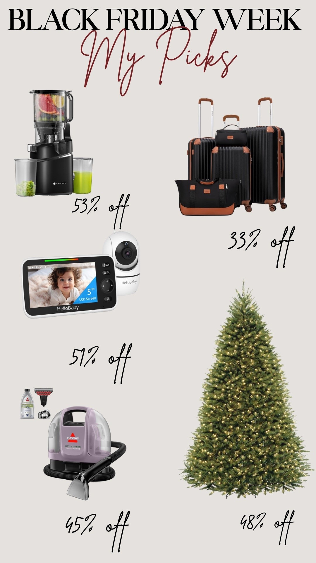 Black Friday Week = the BEST time to grab huge deals on my favorite home + lifestyle finds 🤎
Everything in this collage is on MAJOR sale — up to 53% off!
Linked on my LTK for easy shopping: kitchen blender, luggage set, baby monitor, Little Green machine, and pre-lit Christmas tree.
Perfect for holiday gifting, new moms, travel lovers, and anyone refreshing their home for the season!

#LTKHoliday #LTKCyberWeek #LTKGiftGuide
