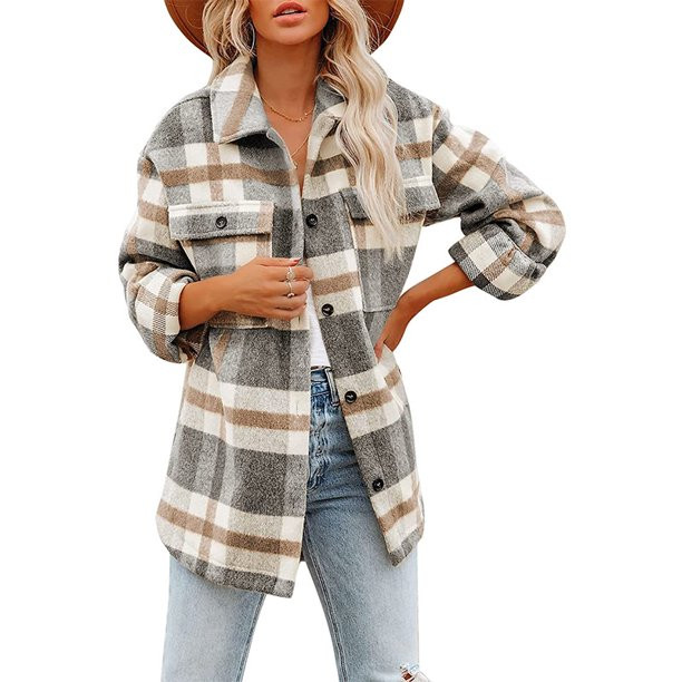 FACI Womens Casual Plaid Shacket Lapel Button Down Long Sleeve Wool Blend Pocketed Shirt Jacket G... | Walmart (US)