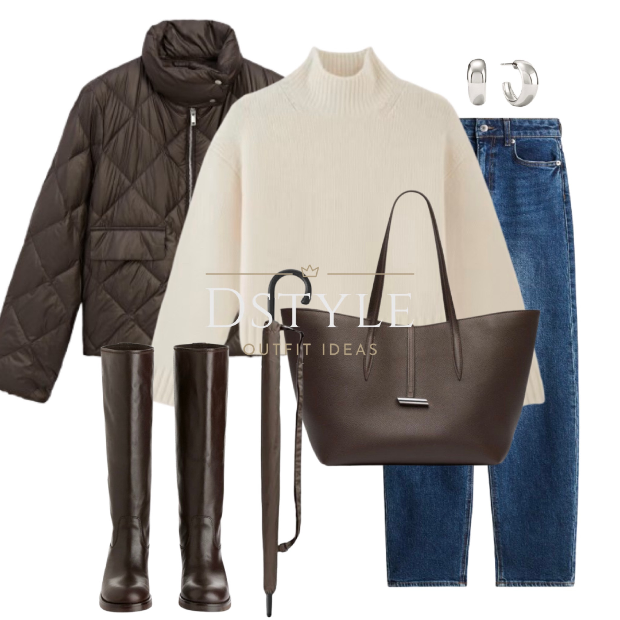  Brown lightweight diamond quilted jacket, oversized sweater, denim blue tapered jeans, dark brown tote bag, dark brown leather riding boots.

#LTKStyleTip #LTKSeasonal #LTKItBag