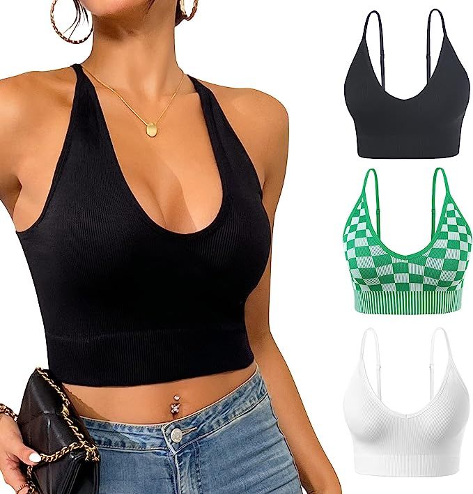Women's Deep V Neck Cropped Tank Top Adjustable Checkered Basic Seamless Crop Top | Amazon (US)