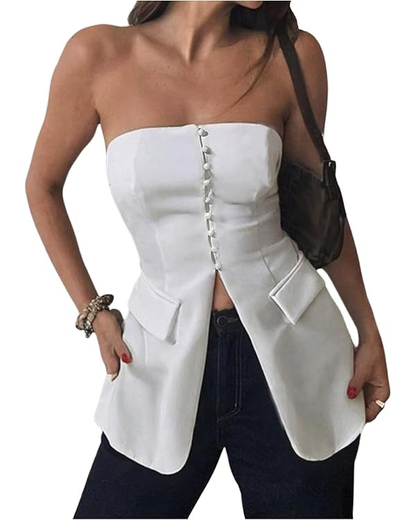 Milumia Women's Strapless Button Decor Tube Top Split Hem Blazer Elegant Bandeau Tops Office Wear | Amazon (US)