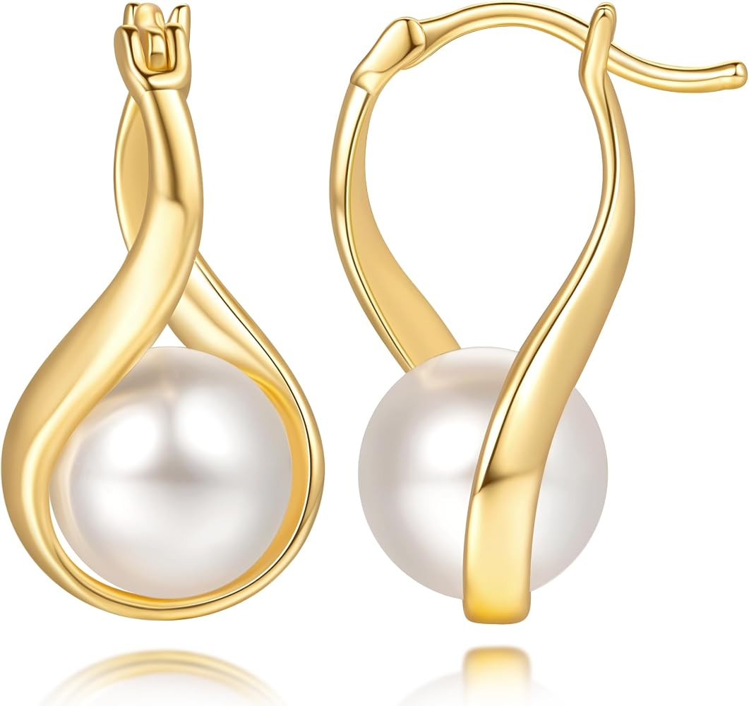 14K Gold Earrings for Women Gold Hoop Earrings Pearl Earrings for Women Hoop Solitaire Teardrop-S... | Amazon (US)