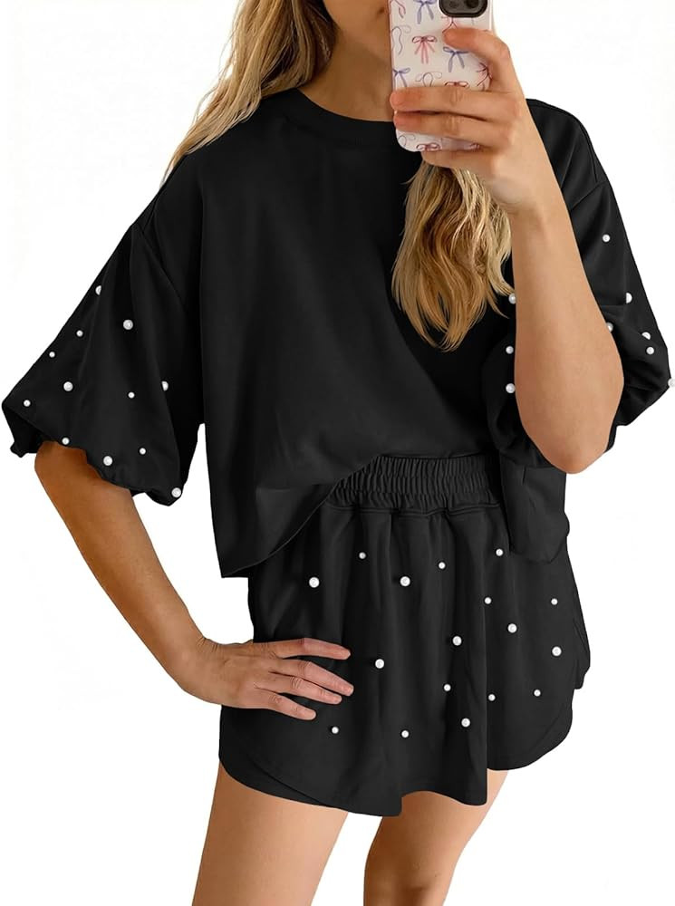Fisoew Womens Summer Lounge Shorts Sets 2 Piece Outfits Decor Pearl Short Puff Sleeve Sweatshirt ... | Amazon (US)